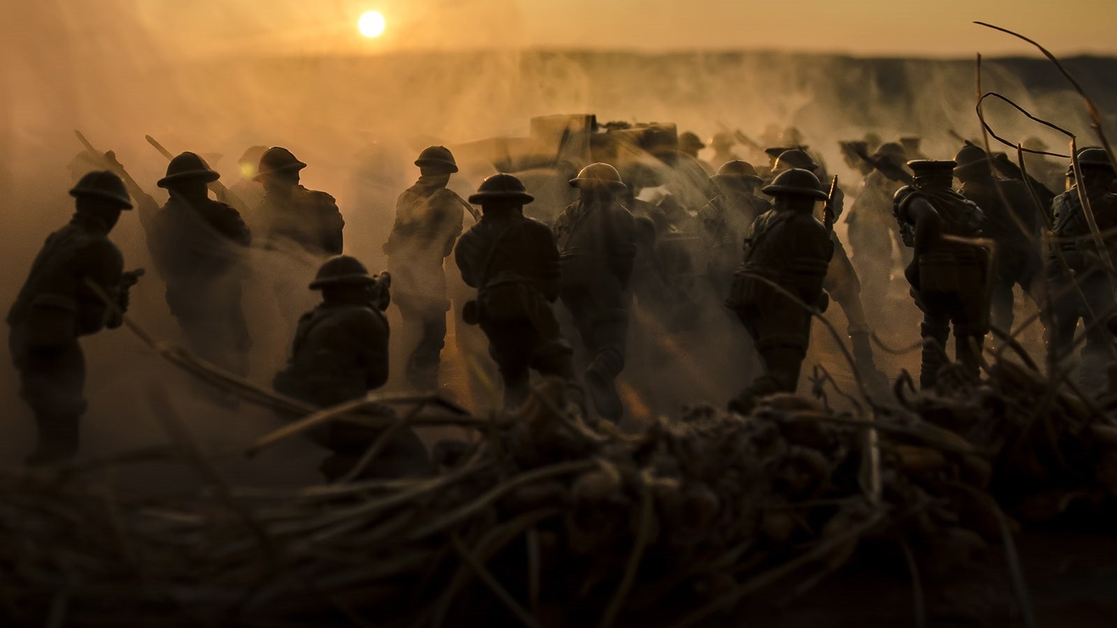 Soldiers on the front line at sun set
