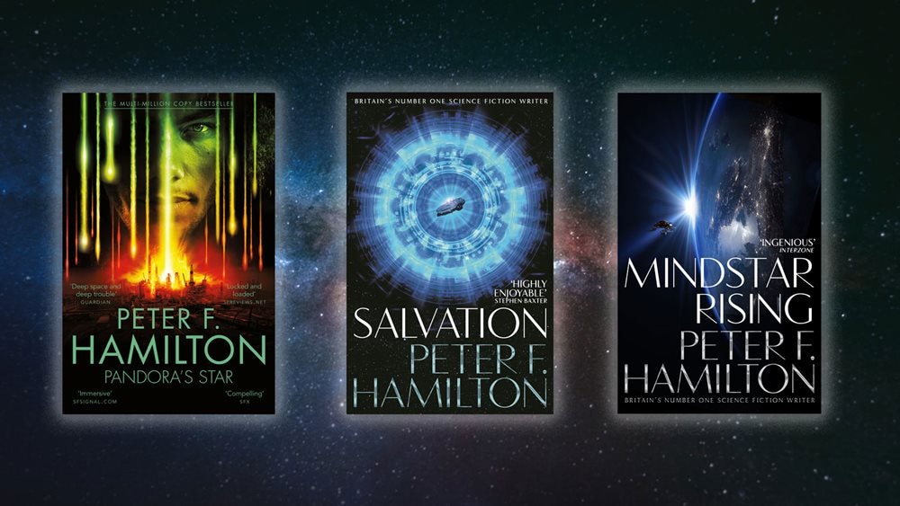 Book covers of Pandora's Star, Salvation and Mindstar Rising on a background of stars