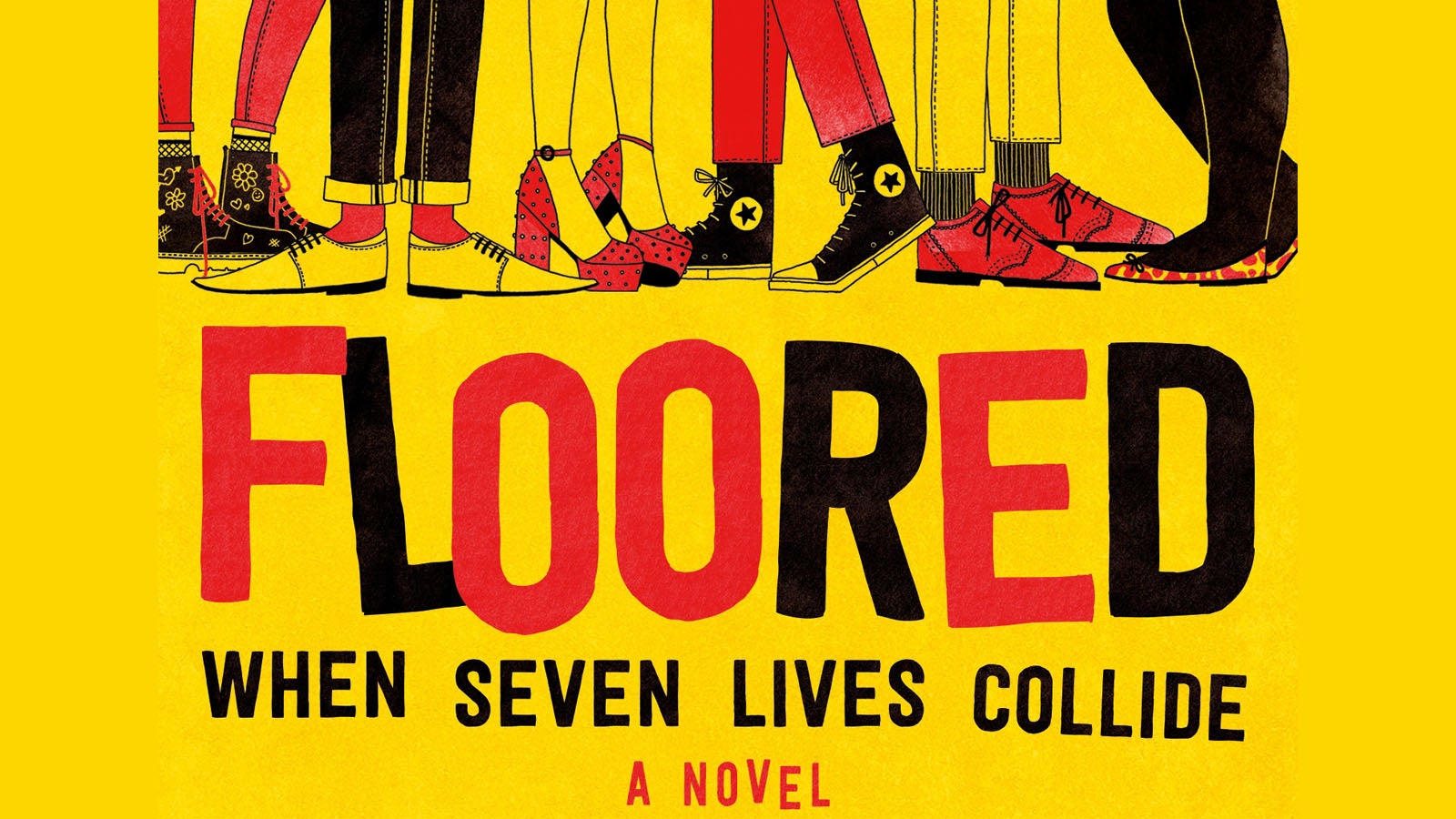 Section of Floored book jacket showing the title and illustrations of the characters' legs