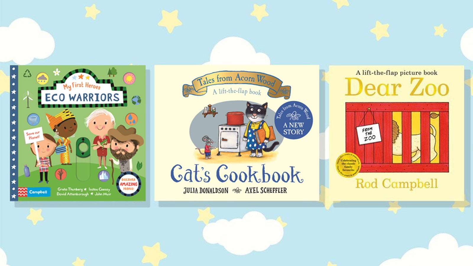 Books covers for Eco arriors, Cat's Cookbook and Dear Zoo against the background of an illustrated blue sky