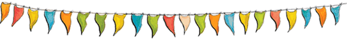 A drawing of colourful bunting against a white background.