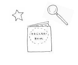Illustration of a sticker book, star and magnifying glass