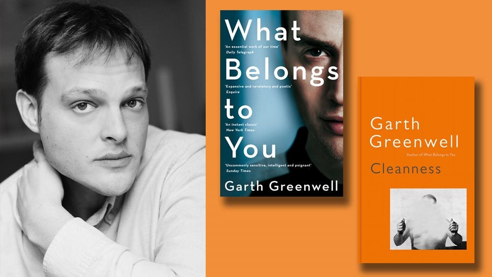 Black and white phot of garth Greenwell and the What Belongs to You and Cleanness book covers on an orange background