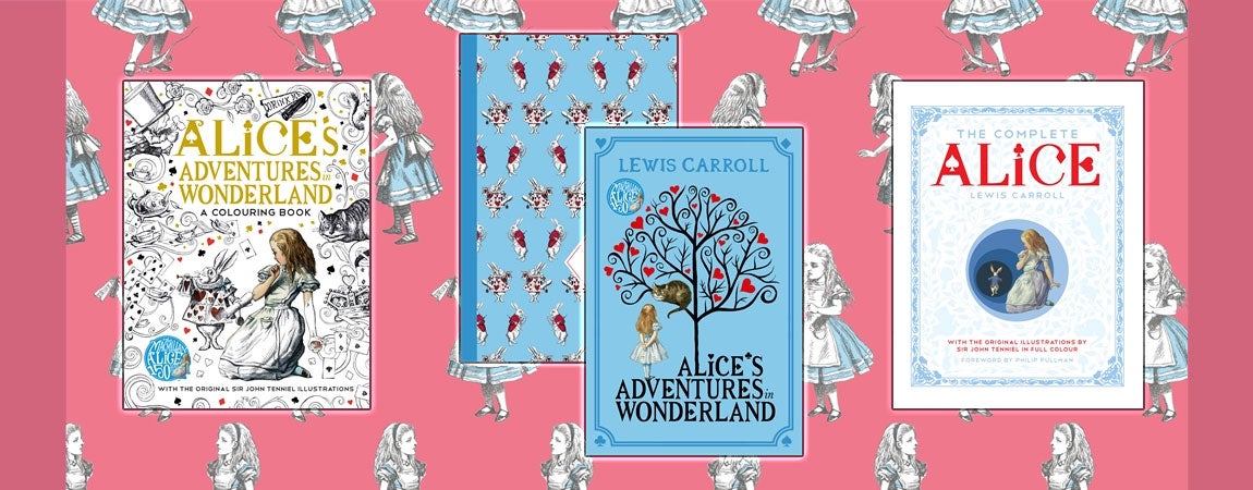 Alice in Wonderland books on a backdrop of Alice illustrations.