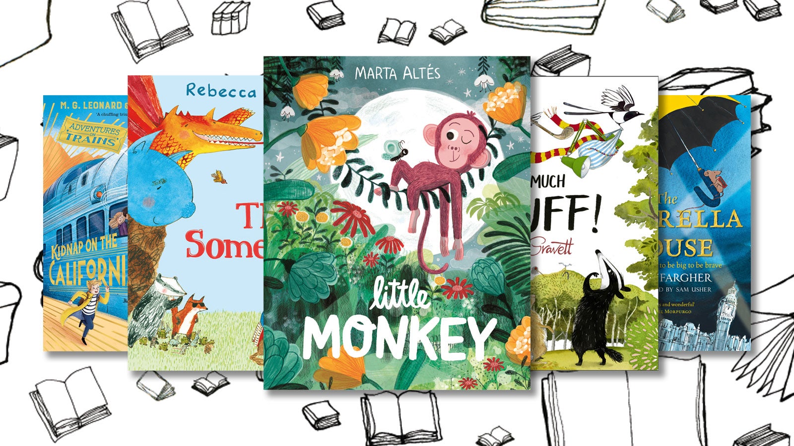Book covers for Little Monkey, The Something, Too Much Stuff, The Umbrella Mouse and Kidnap on the California Comet, against a monochrome background of books