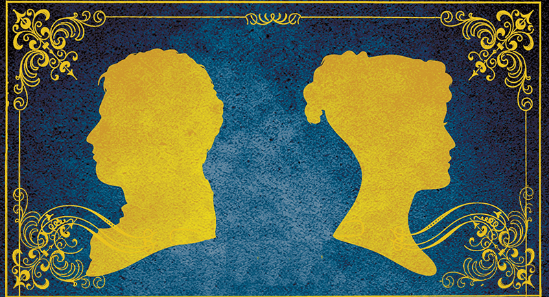 Yellow male and female silhouettes on a blue background
