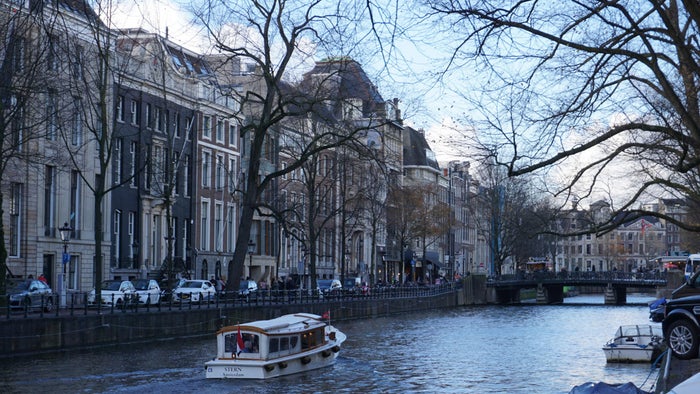 Gouden Bocht (The Golden Bend) Amsterdam - showing the canal and beautiful buildings on either side, in winter