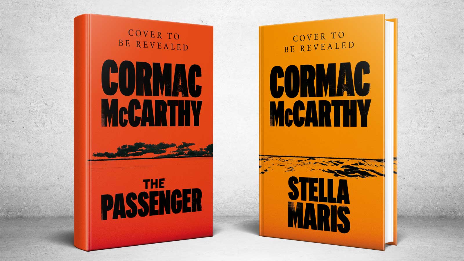 Two new books from Cormac McCarthy: The Passenger and Stella Maris standing next to each other against a stone coloured background