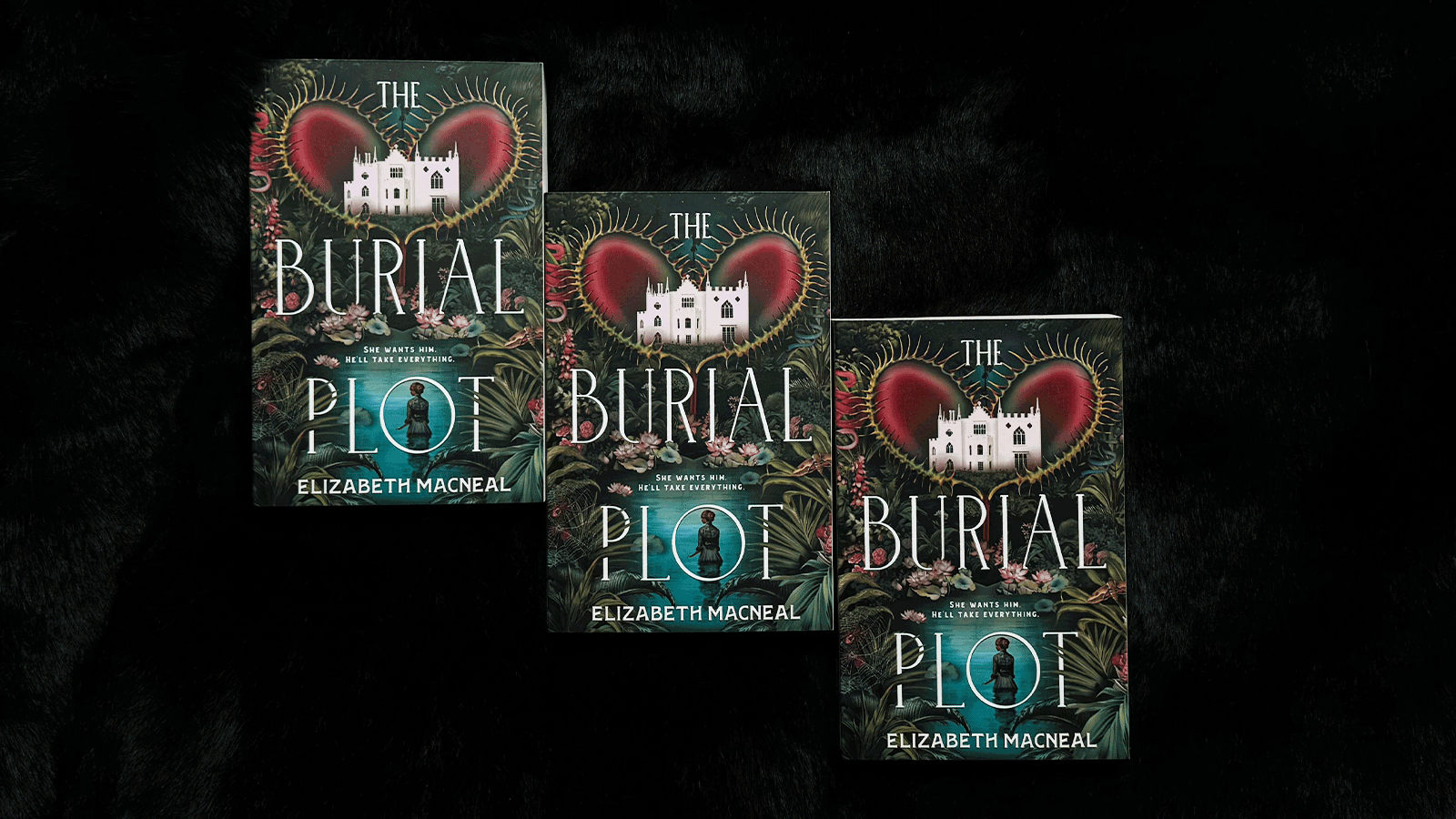 Three copies of The Burial Plot on a black background