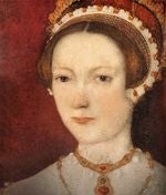 Head and shoulders tudor portrait painting of Katherine Parr wearing a red jewelled necklace