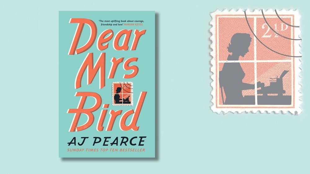 the book cover of Dear Mrs Bird next to an illustration of a stamp with the silhouette of a woman sitting at a typewriter within it