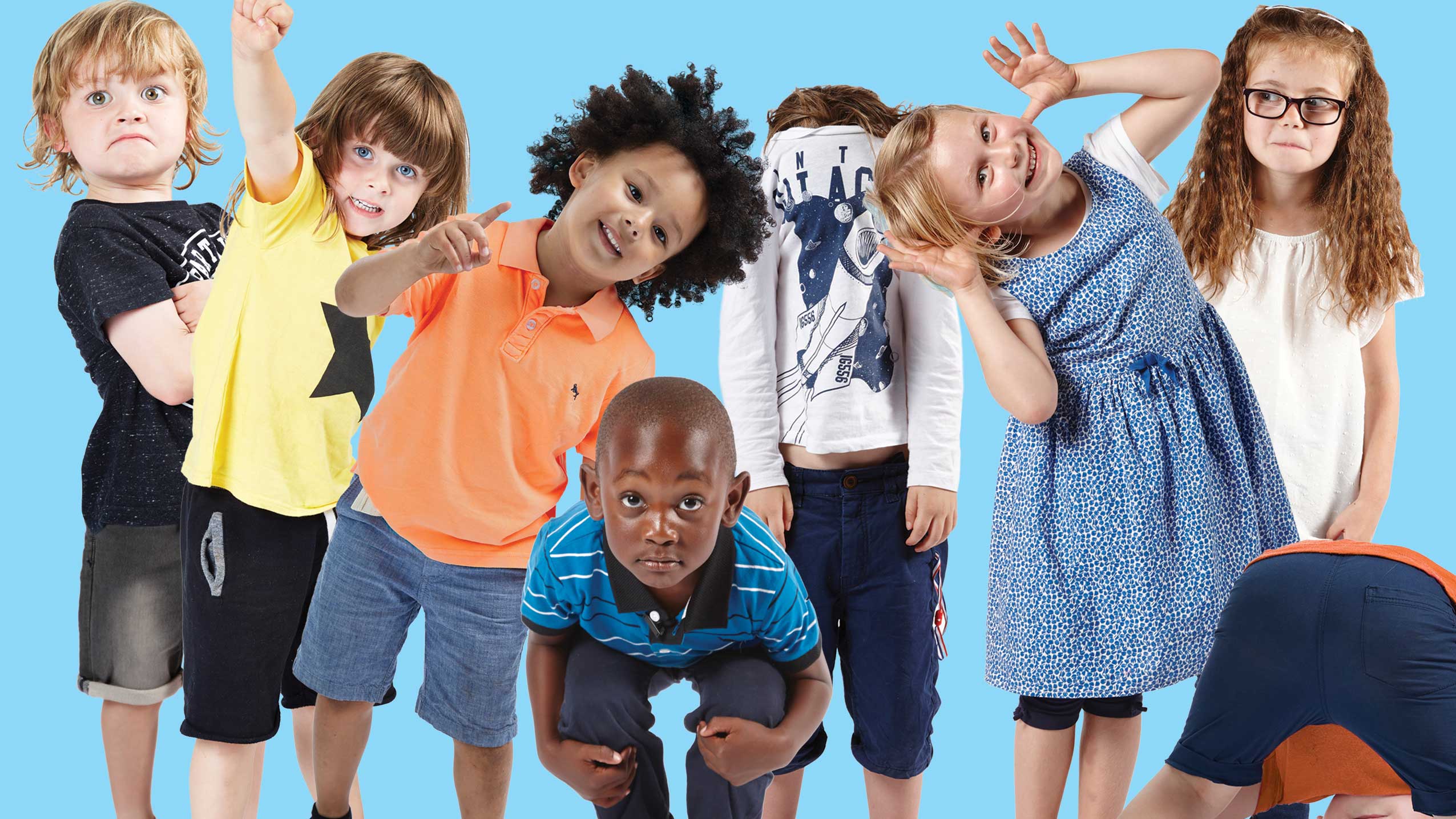 Group of eight children all posing in different ways