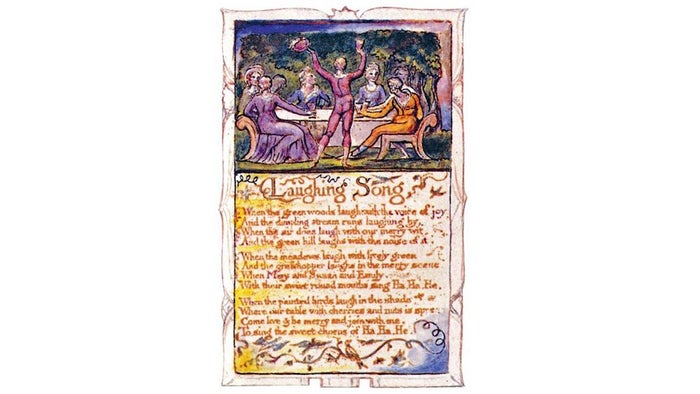 written copy of The Laughing Song with illustration of happy people around a table