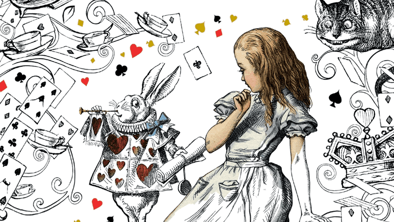 Illustrated picture of Alice and the White Rabbit surrounded by playing cards