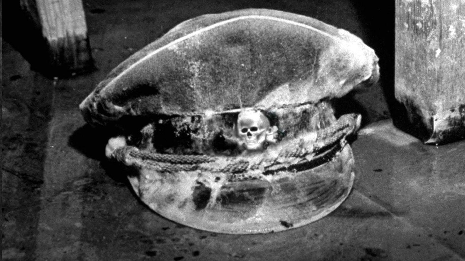 Black and white photograph of a SS uniform hat