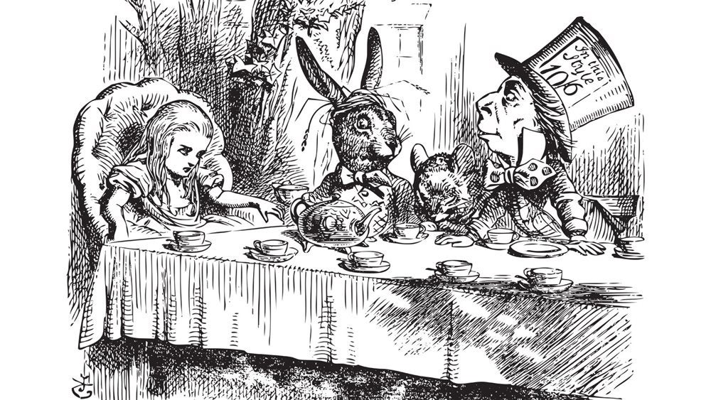 Illustration of Alice, the March Hare and the Mad Hatter having tea by John Tenniel