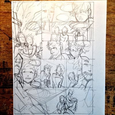 First sketch of comic book page - Dan and Sam