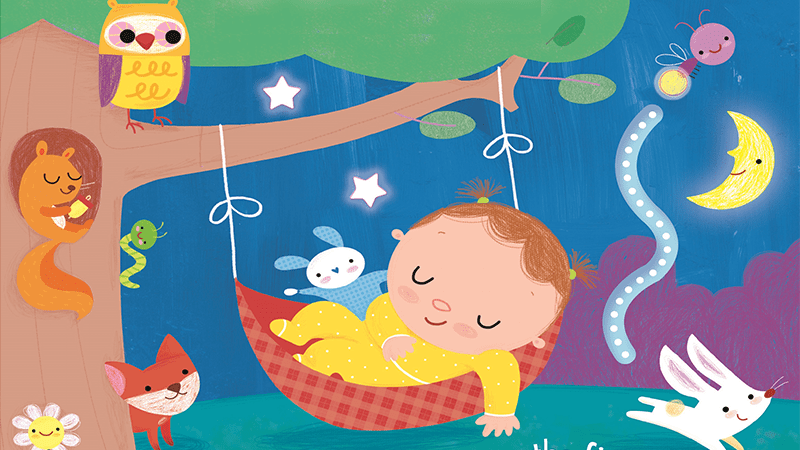 An illustration of a sleepy baby lying in a hammock beneath a tree, with smiling sleepy animals around