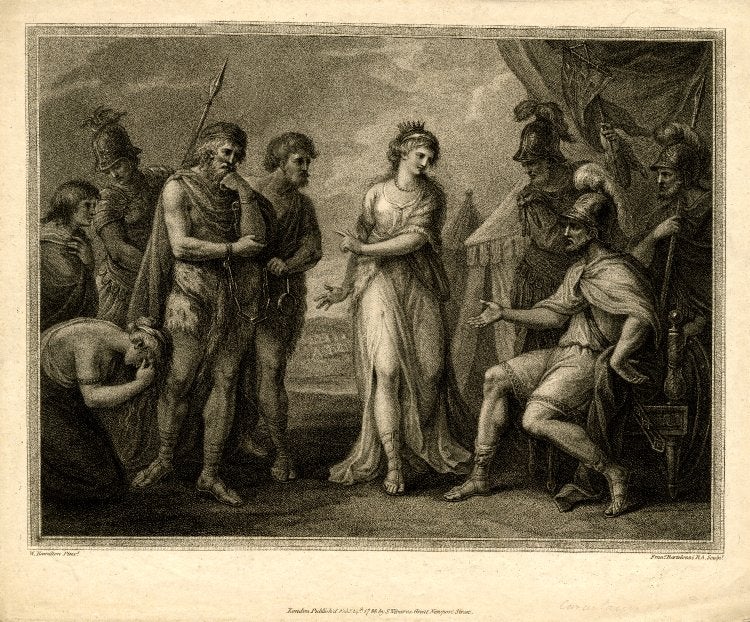 Black and while illustration showing Cartimandua peaking to several warriors 