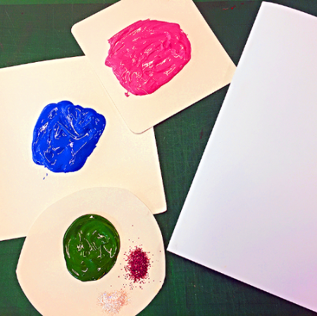 Pink, blue & green poster paint on three separate pieces of card