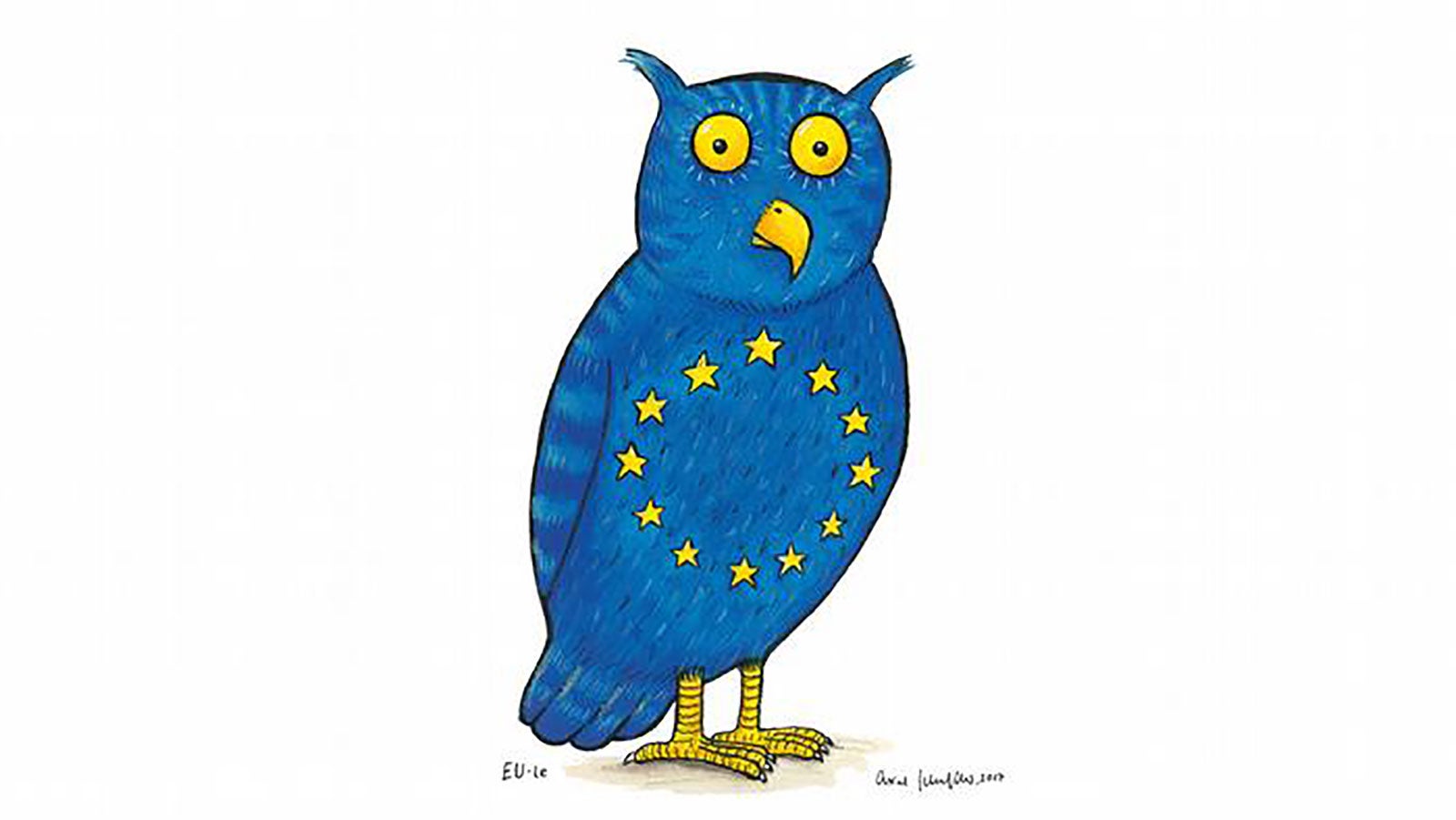 Axel Schefflers illustration of a blue own with the yellow stars of the EU on its chest