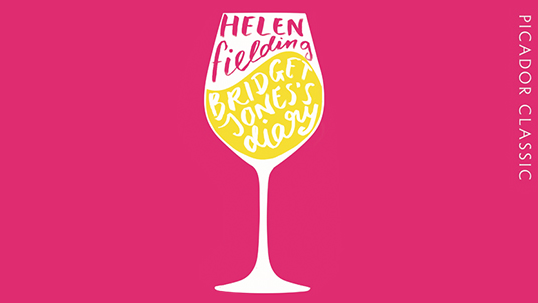 An illustration of a wine glass, with the words Helen Fielding Bridget Jones's Diary in it,on a pink background