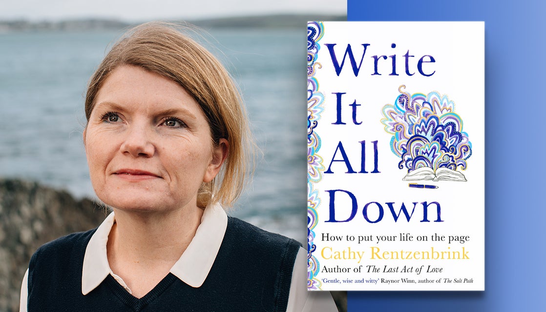 A photo of Cathy Rentzenbrink next to the book cover of Write It All Down