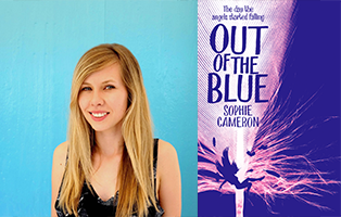 Sophie Cameron with long blond hair in front of a blue background, next to her book Out of the Blue
