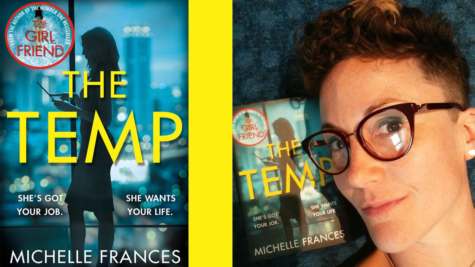 The Temp book jacket next to a photograph of Imogen Church posing with a copy of The Temp.