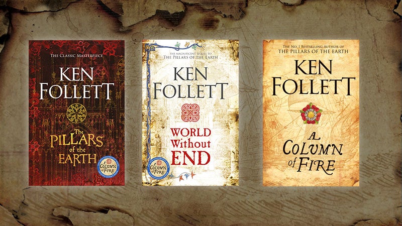 book covers of The Pillars of the Earth, World Without End and A Column of Fire set against a background of burnt parchment