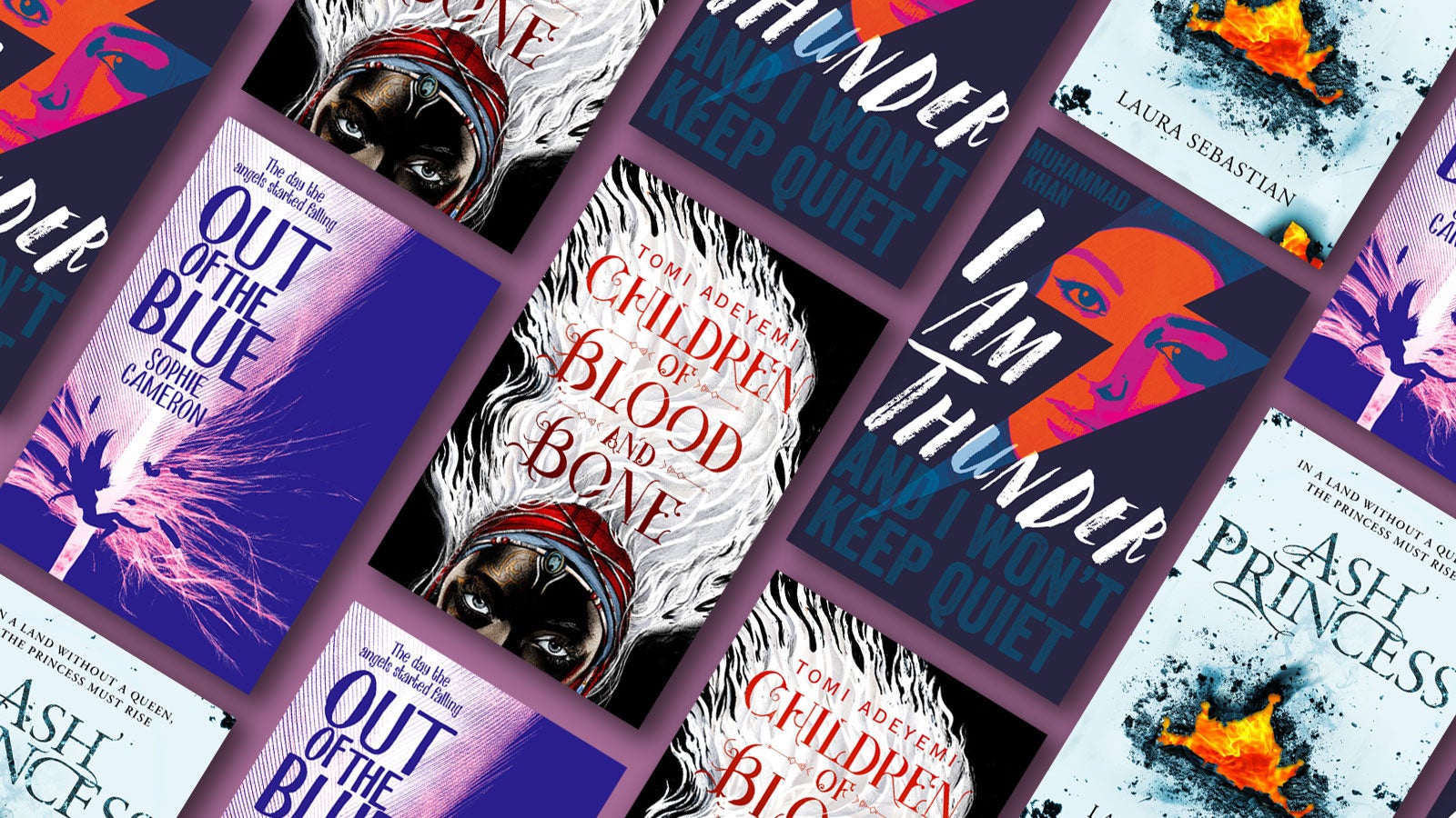 Tiled effect of book covers for Children of Blood and bone, I am Thunder and Out of the Blue