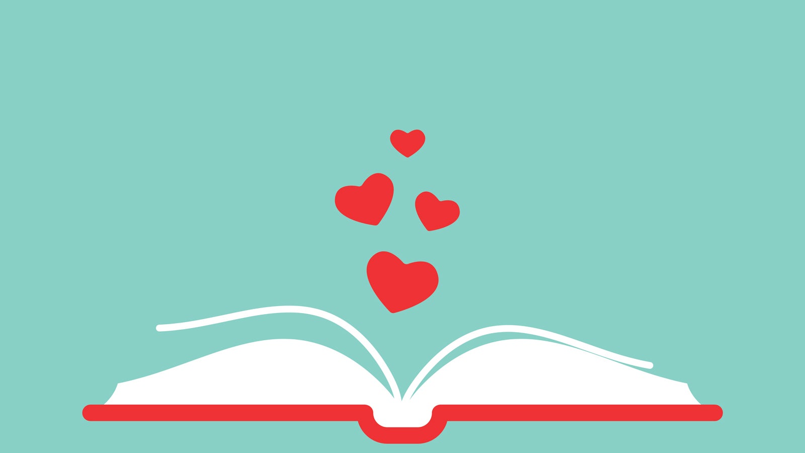 An illustration of a book laying open on its spine with hearts flying upwards from the pages