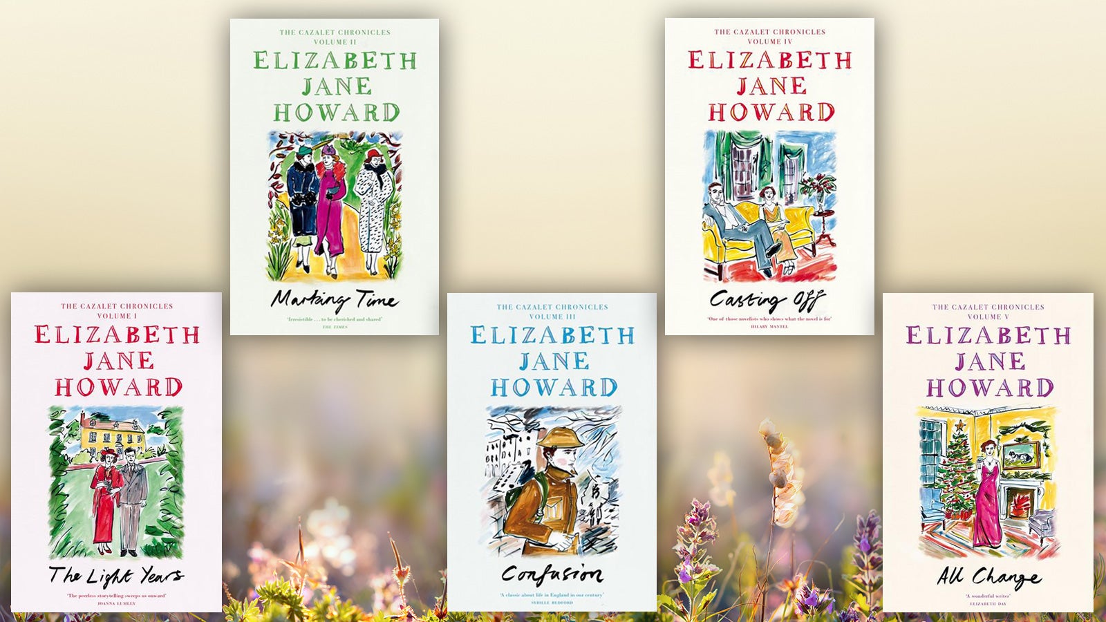 The covers of the five Cazalet Chronicles books by Elizabeth Jane Howard, against a background of wildflowers