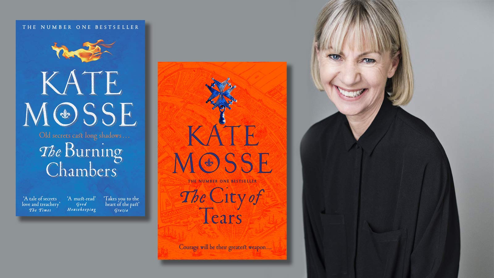 Kate Mosse with the covers of The Burning Chambers and The City of Tears