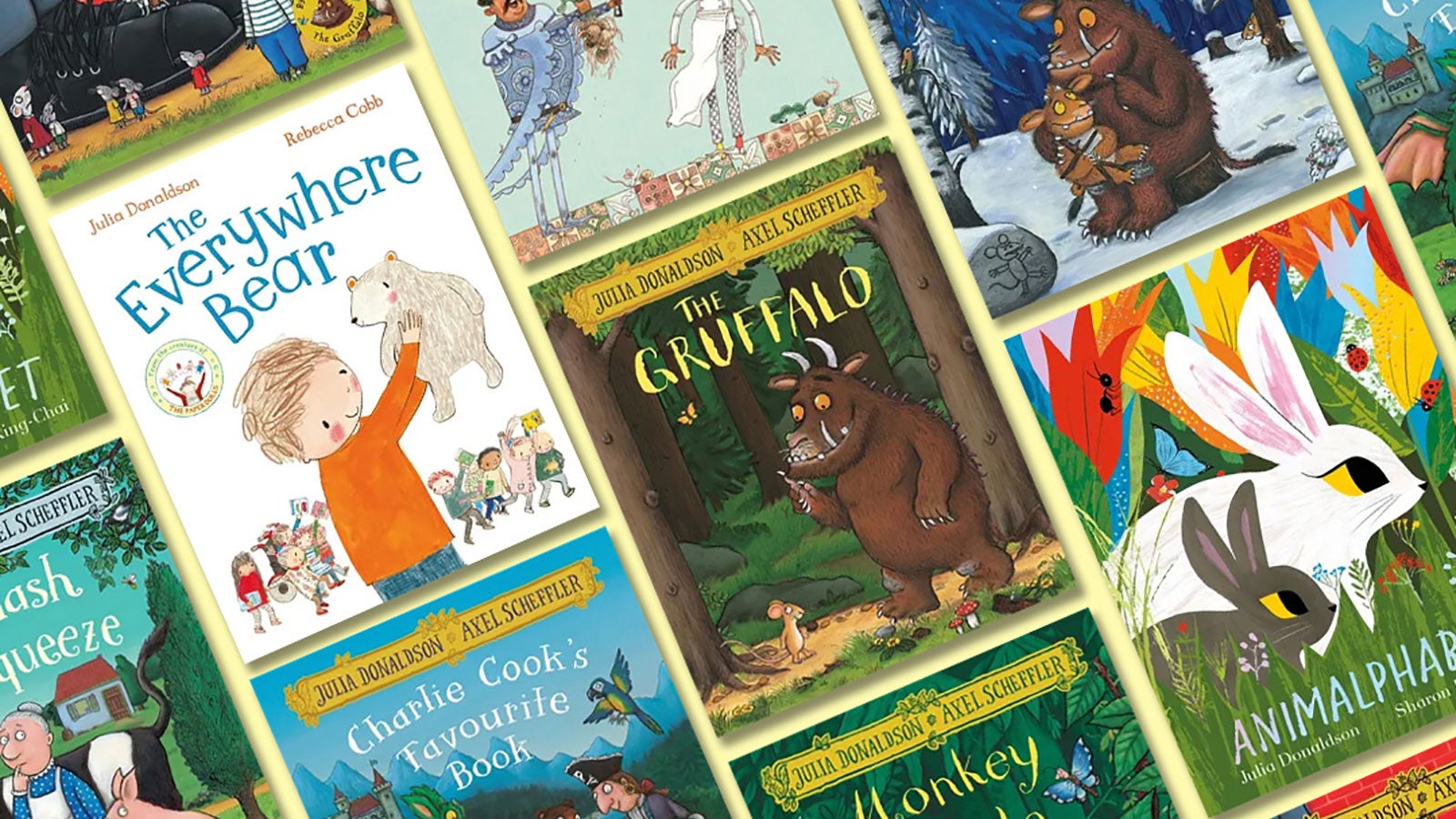 A selection of Julia Donaldson's children's books arranged in a pattern against a yellow background