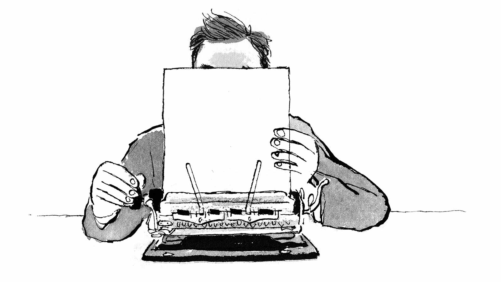 Illustration of Brian Bilston behind a typewriter