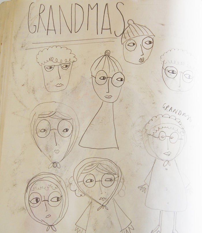 one page showing many early drafts of Grandma illustrations