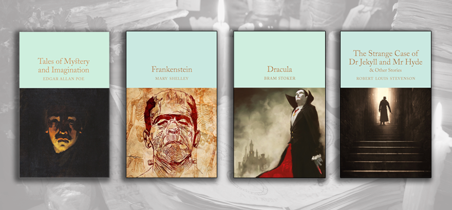 Tales of Mystery and Imagination, Frankenstein, Dracula and The Strange Case of Doctor Jekyll and Mr Hyde book covers