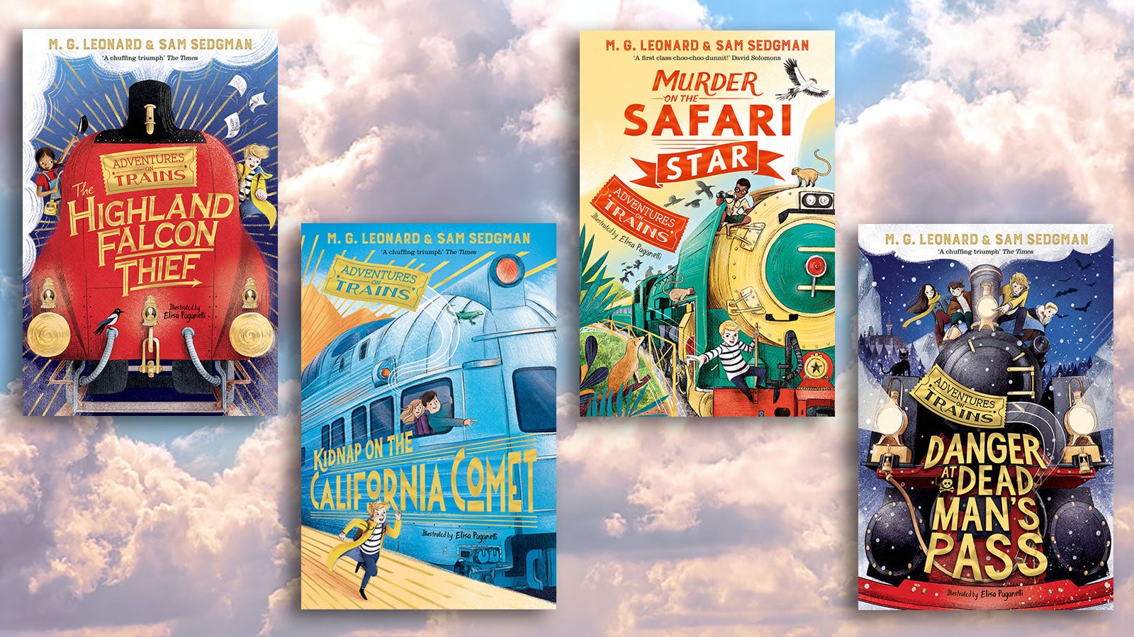 Books jackets for the four books in the Adventures on Trains series against the background of a cloudy blue sky