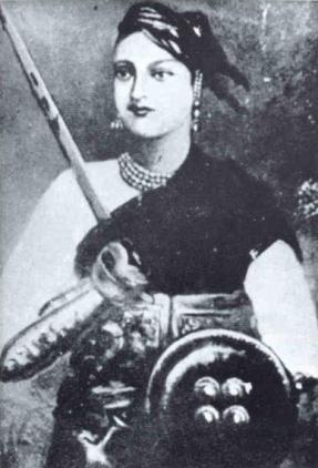 Black and white illustration of Rani of Jhansi wielding a sword and shield