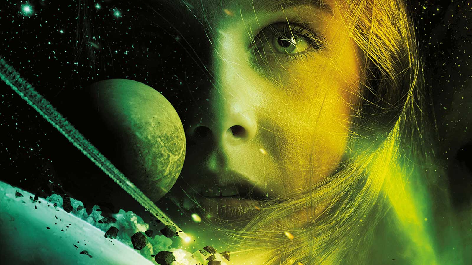A girls face superimposed against the backdrop of planets and stars