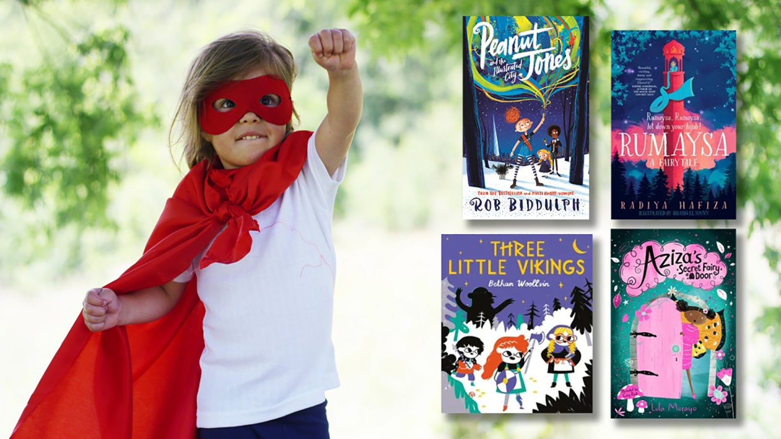 A young girl dressed as a superhero stands beside four books.