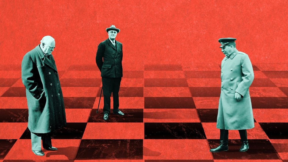 Winston Churchill, Roosevelt and Stalin on a red chess board