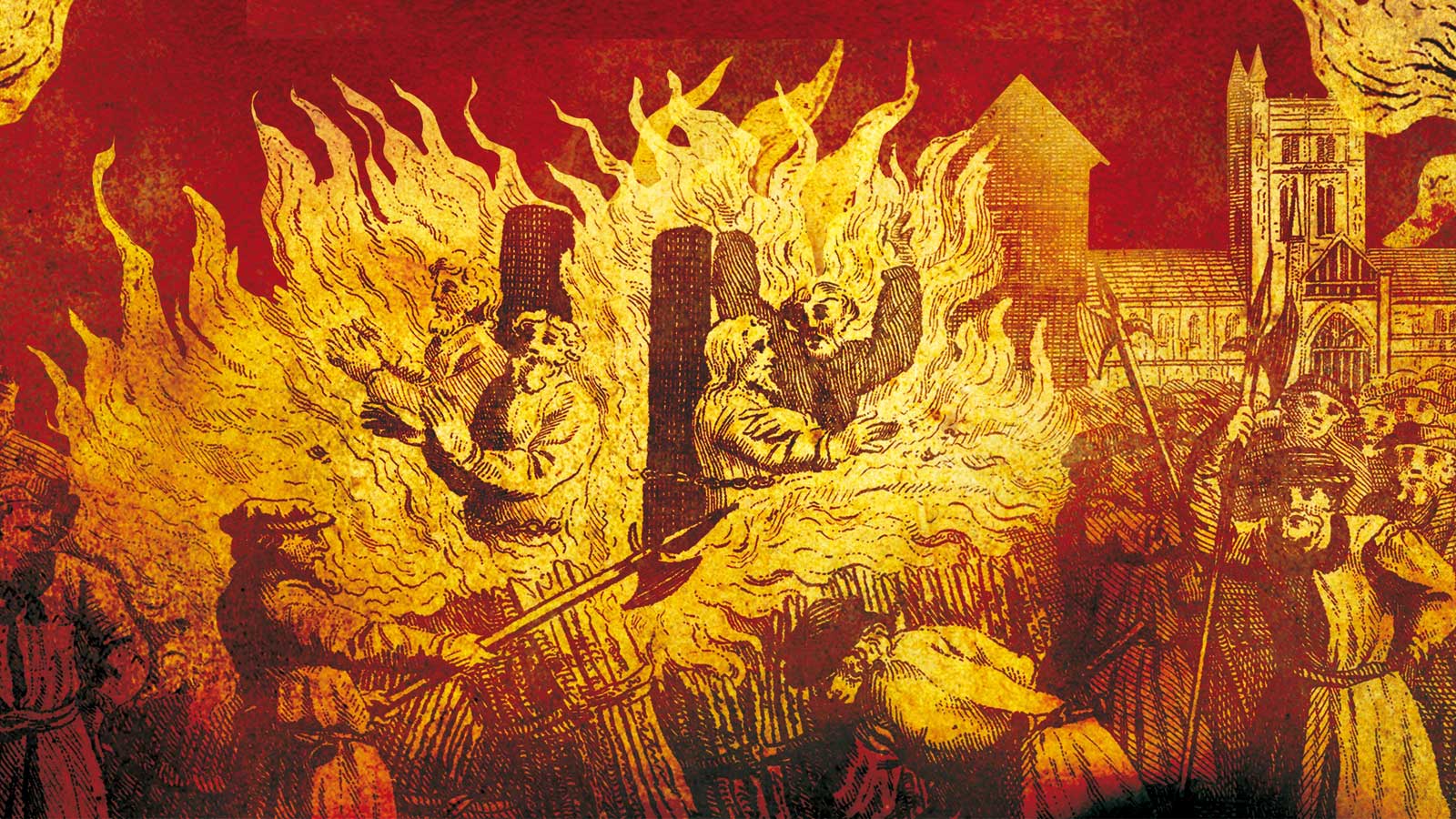An illustration of four men being burnt at the stake