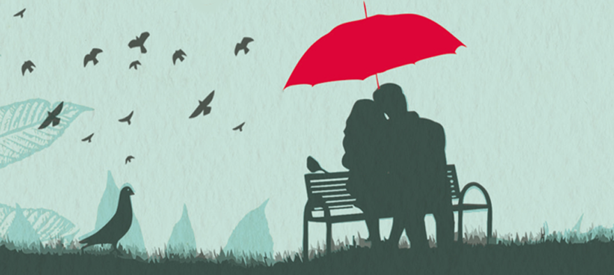 An illustration of a man and woman sat under a red umbrella on a park bench while some birds fly near by.