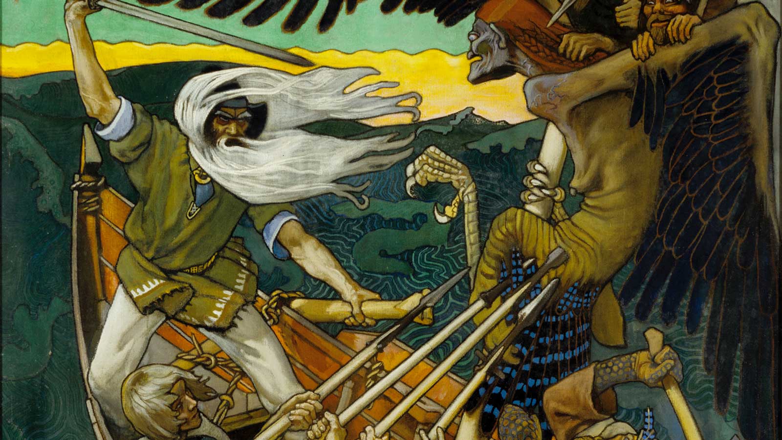Painting depicting Väinämöinen, standing at the helm of a boat with white flowing hair raising a sword to the evil witch Louhi