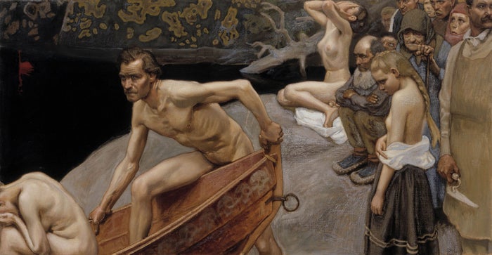 A painiting, showing a naked man climbing into a boat which rests on a dark river. bending him on the banks is a crowd of desolate people waiting