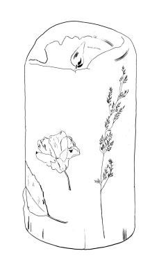 A sketch of a lit pillar candle with flowers pressed into its sides