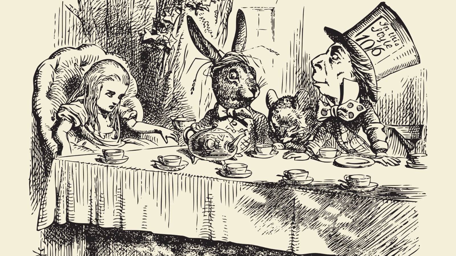 An illustration of Alice sat at the Mad Hatter's tea party with the Mad Hatter and the March Hare.