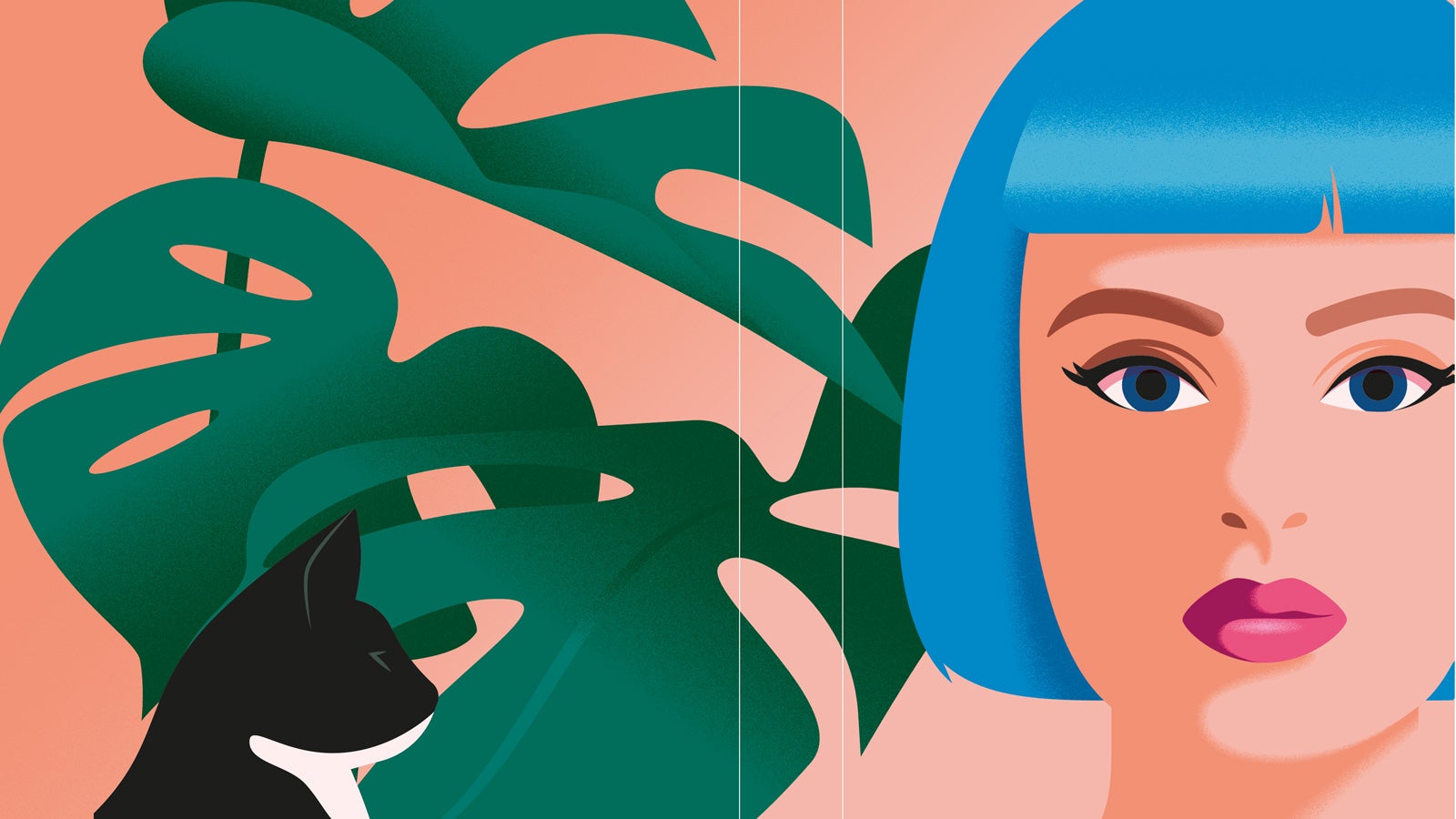 An illustration showing a woman wearing an electric blue wig, next to a black cat with the leaves of a house plant in the background
